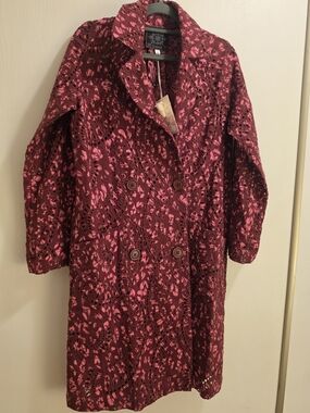 Johnny Was Burgundy and Pink Lace-Overlay Long Coat